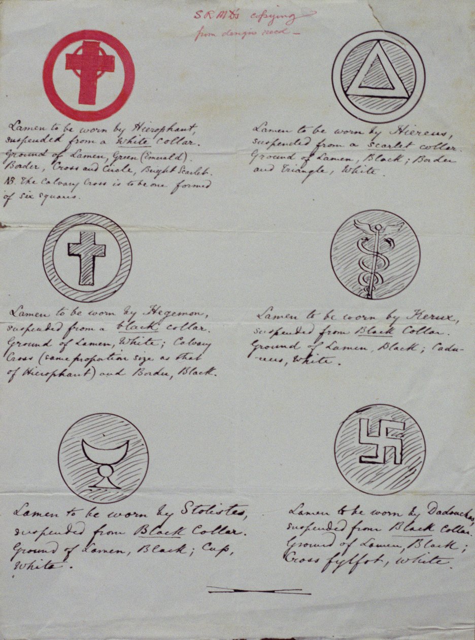 Design for lamens (kragejuveler) for de forskjellige offiserene i et Golden Dawn Temple, 1888 (blekk på papir) av Samuel Liddell MacGregor Mathers