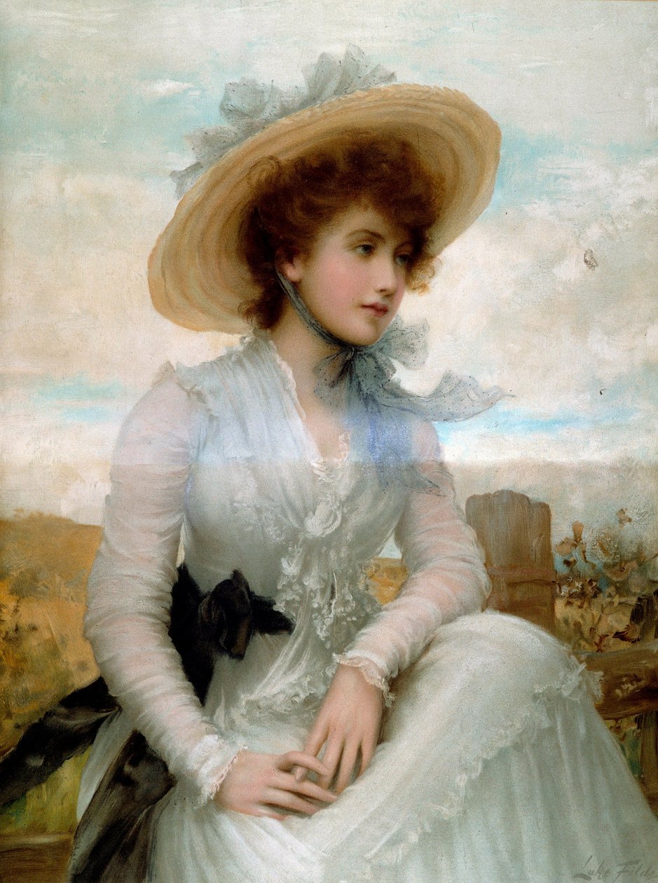 Portrett av en ung kvinne med stråhatt Trykk av Samuel Luke Fildes (1843-1927) Paris fra 1800-tallet, dekorativ kunst av Samuel Luke Fildes
