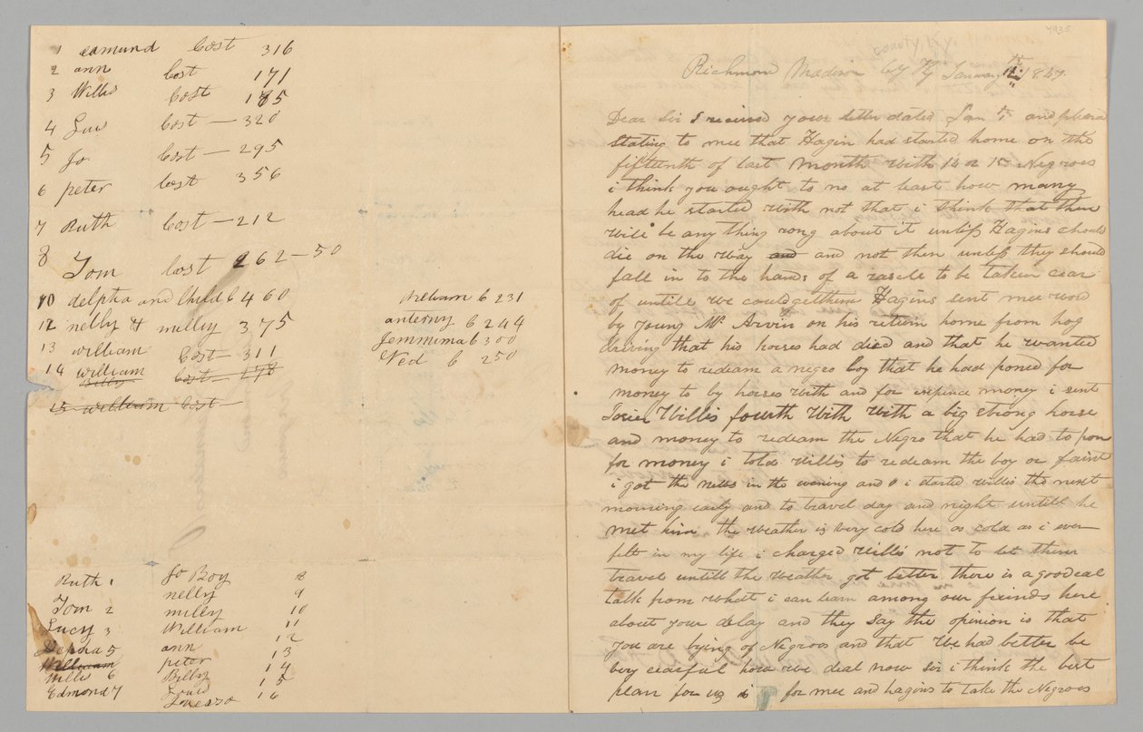 Brev til Giles Saunders fra Samuel Fox angående slavehandel, 14. januar 1847. av Samuel M. Fox