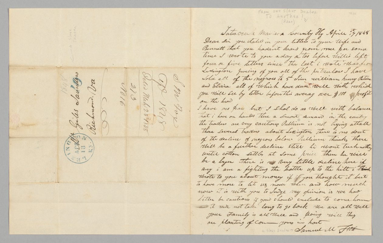 Brev til Giles Saunders fra Samuel M. Fox angående slavehandel, 17. april 1848. av Samuel M. Fox