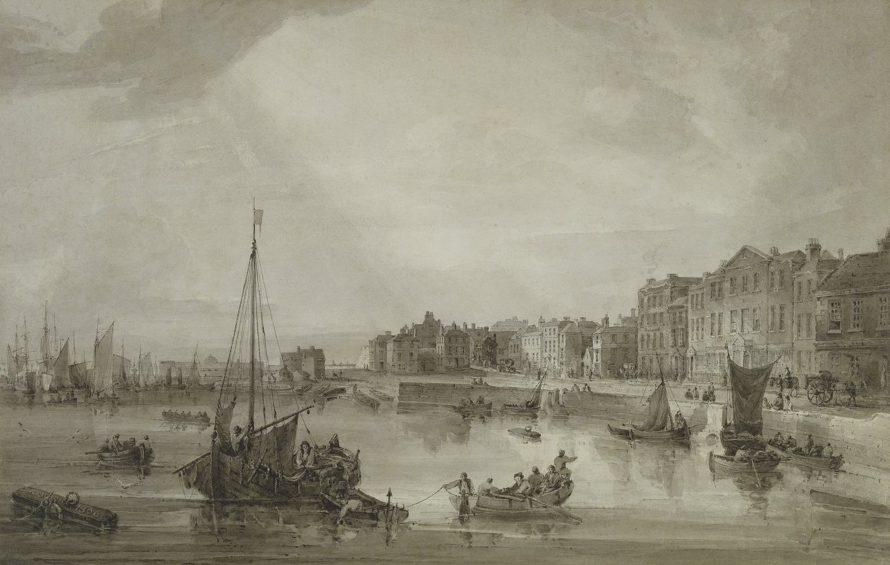 Margate Harbour, 1806 (brun vask over grafitt) av Samuel Owen