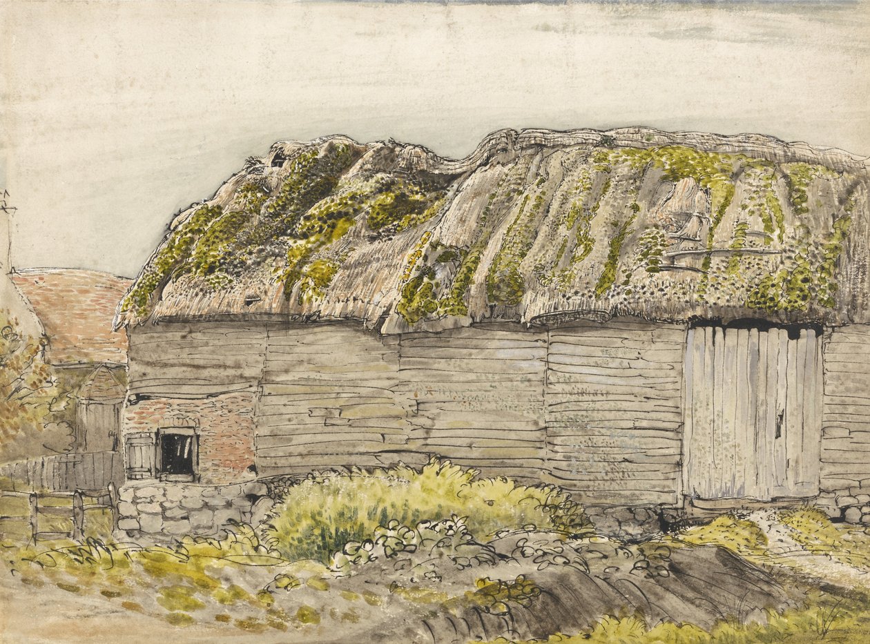 A Barn with a Mossy Roof, Shoreham (akvarell med brun vask, blekk, gouache og blyant på papir) av Samuel Palmer