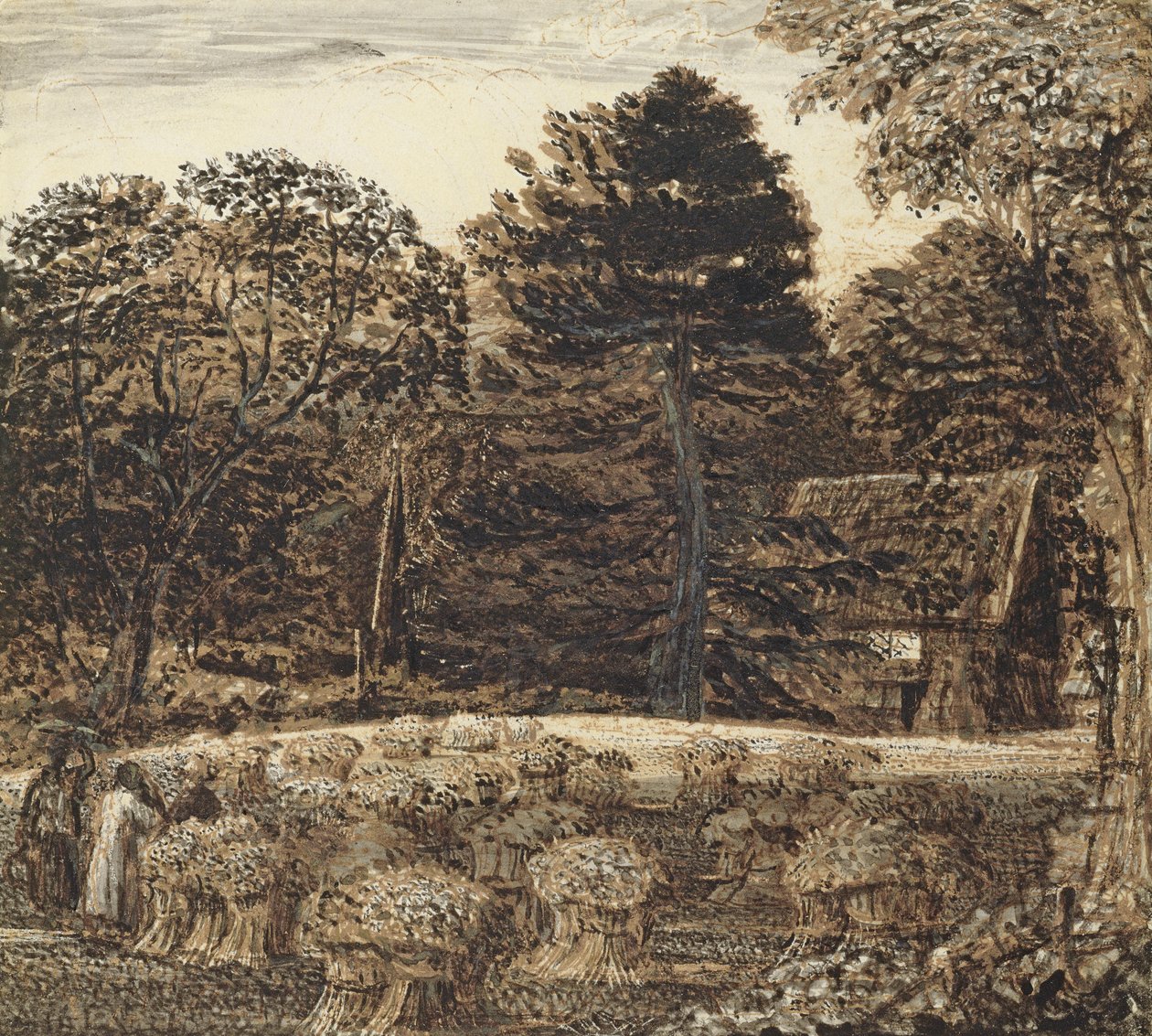 A Cornfield, Shoreham at Twilight (penn og blekk og vask på hvitt kort) av Samuel Palmer