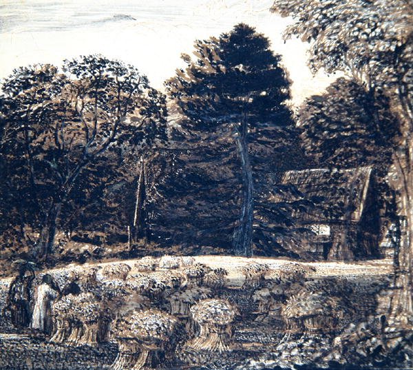 A Cornfield, Shoreham, at Twilight, ca. 1830 (penn, vask og indisk blekk på kort) av Samuel Palmer