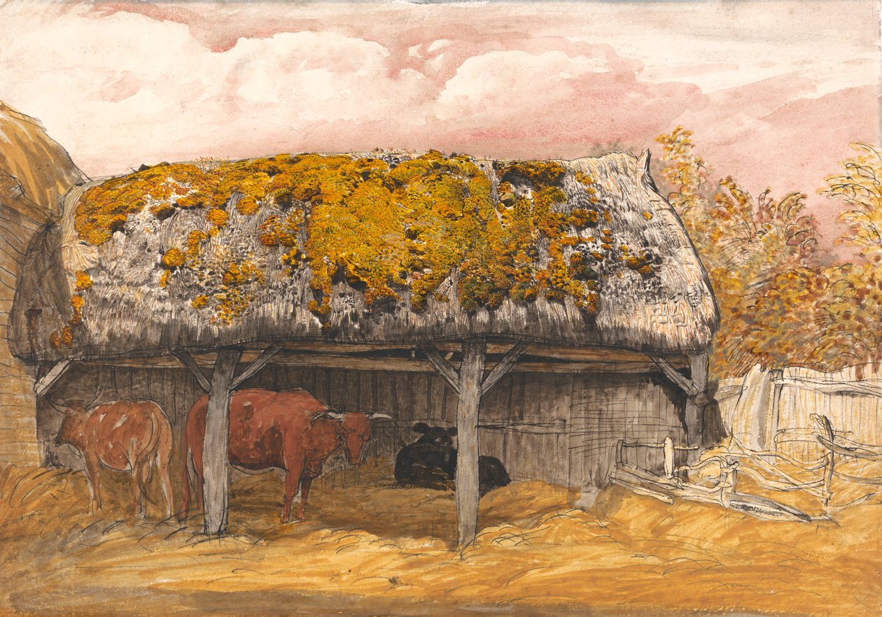 En Cow Lodge med et mosete tak av Samuel Palmer