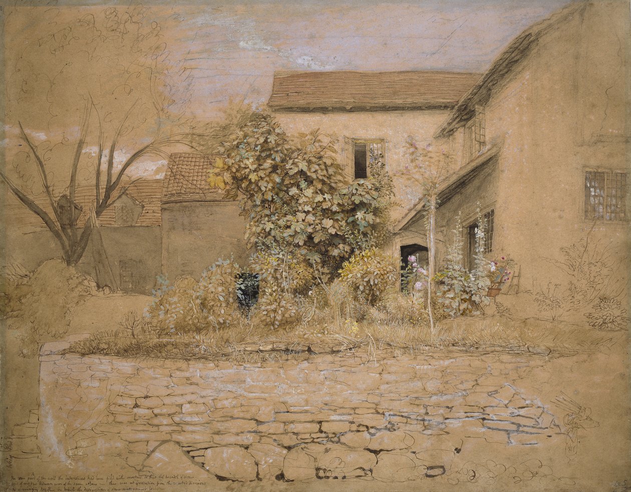 Et hus og hage i Tintern, 1835 (penn og blekk, wc og kroppsfarge over grafitt og svart kritt på rosa brunt papir) av Samuel Palmer