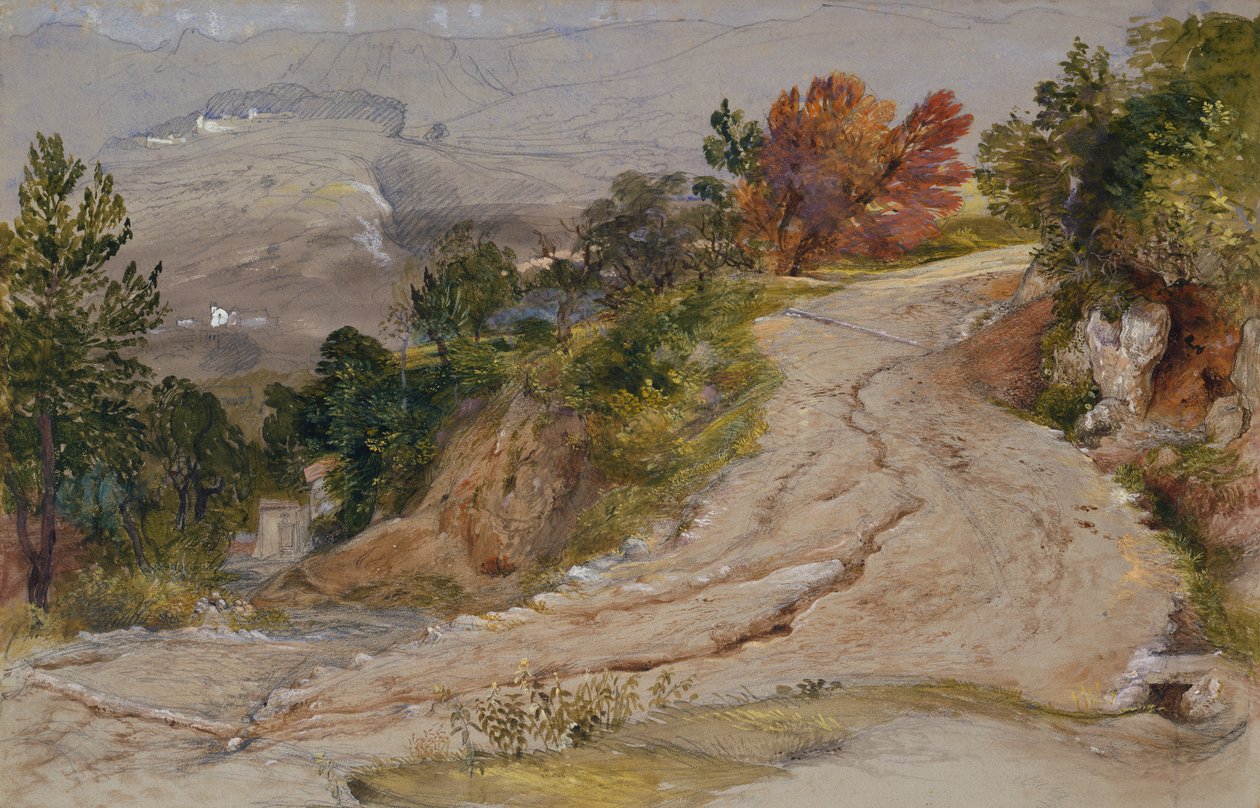 En fjellvei i Italia (blyant, akvarell og kroppsfarge) av Samuel Palmer
