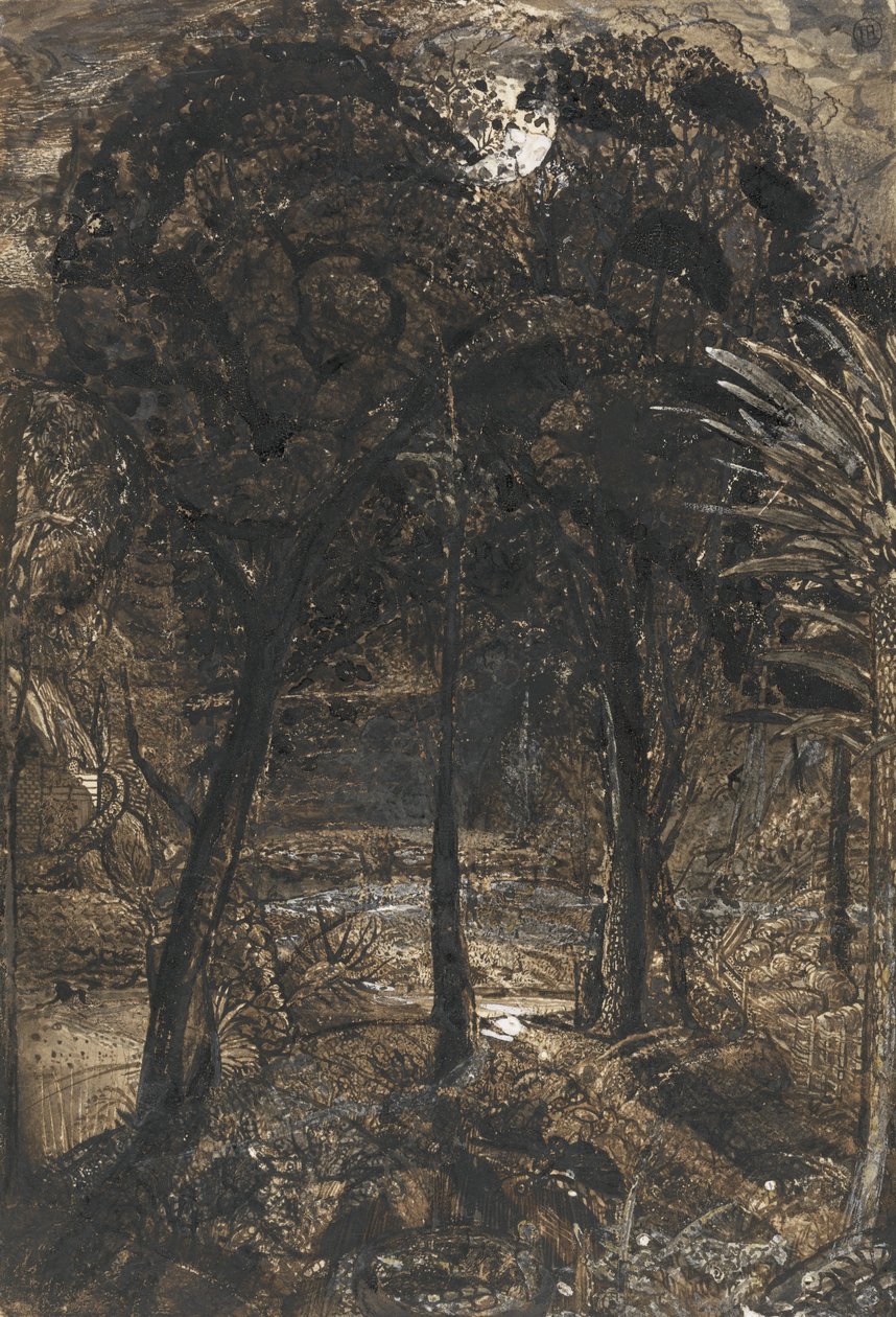 En måneskinn scene med en svingete elv av Samuel Palmer