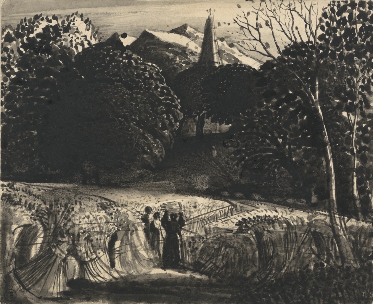 Cornfield and Church by Moonlight (pensel og svart blekk på papir) av Samuel Palmer