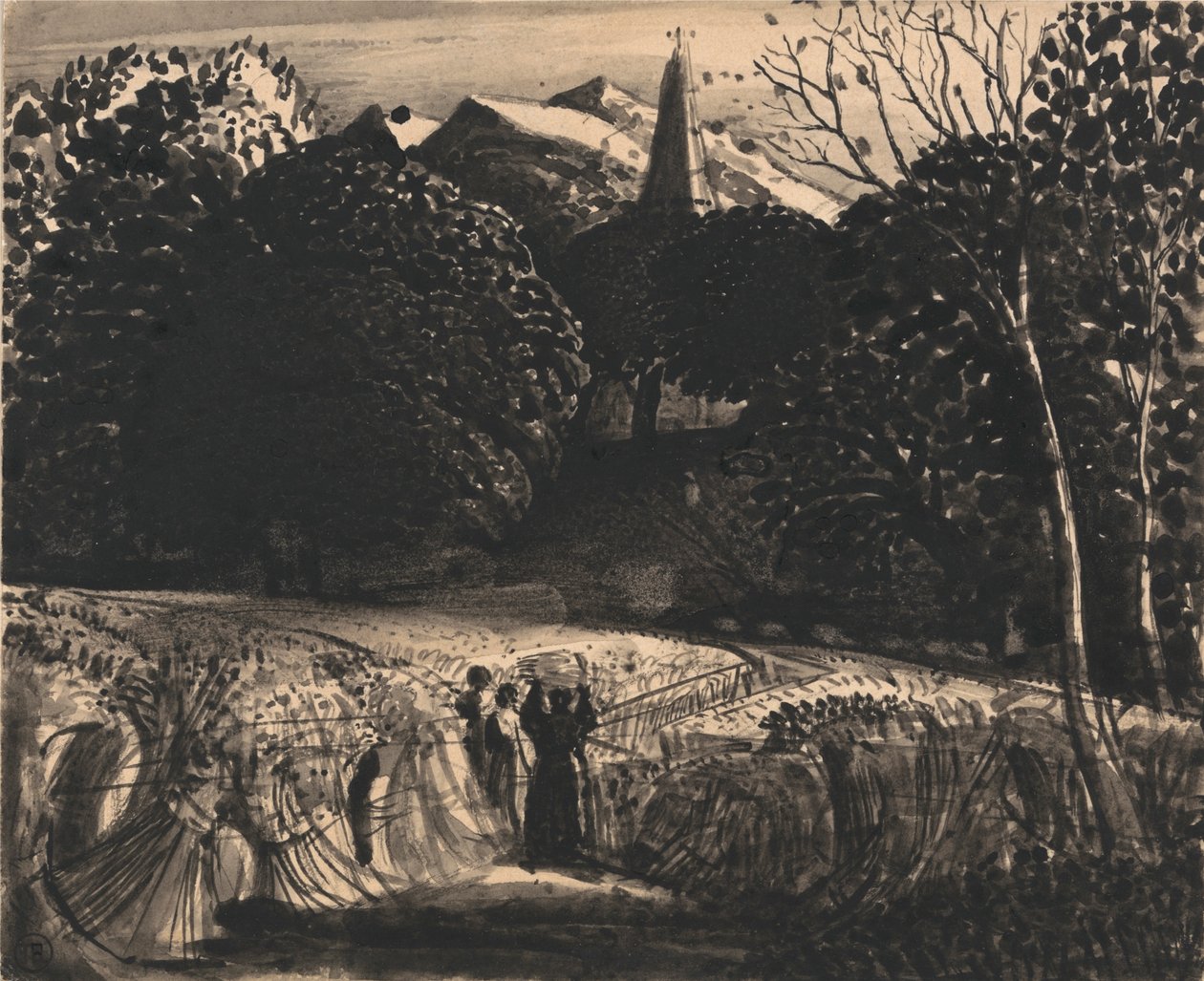 Kornåker og kirke ved måneskinn av Samuel Palmer