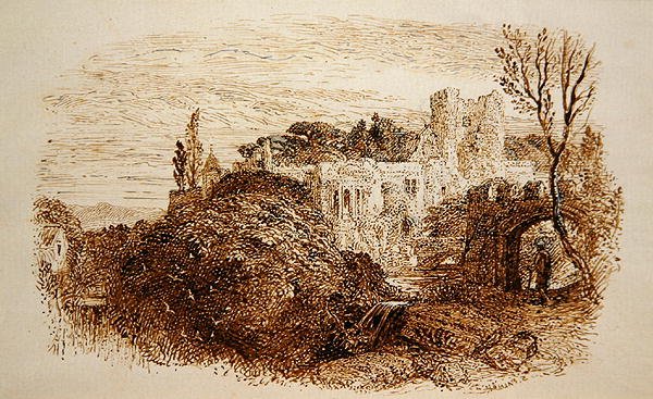 "Mark yon Old Mansion..." (penn og brunt blekk på papir) av Samuel Palmer