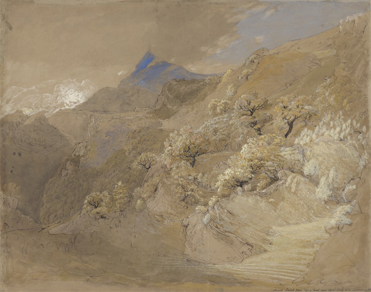 Mount Siabod fra Tyn-y-Coed nær Capel Curig (penn og blekk, kroppsfarge og akvarell på papir) av Samuel Palmer