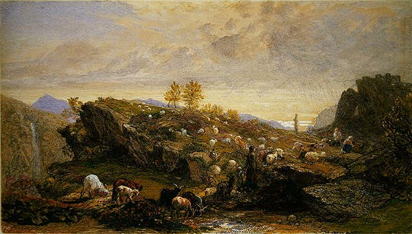 Rustikk med sauer og geiter i et steinete landskap (akvarell over blyant forsterket med gummi arabicum på papir) av Samuel Palmer