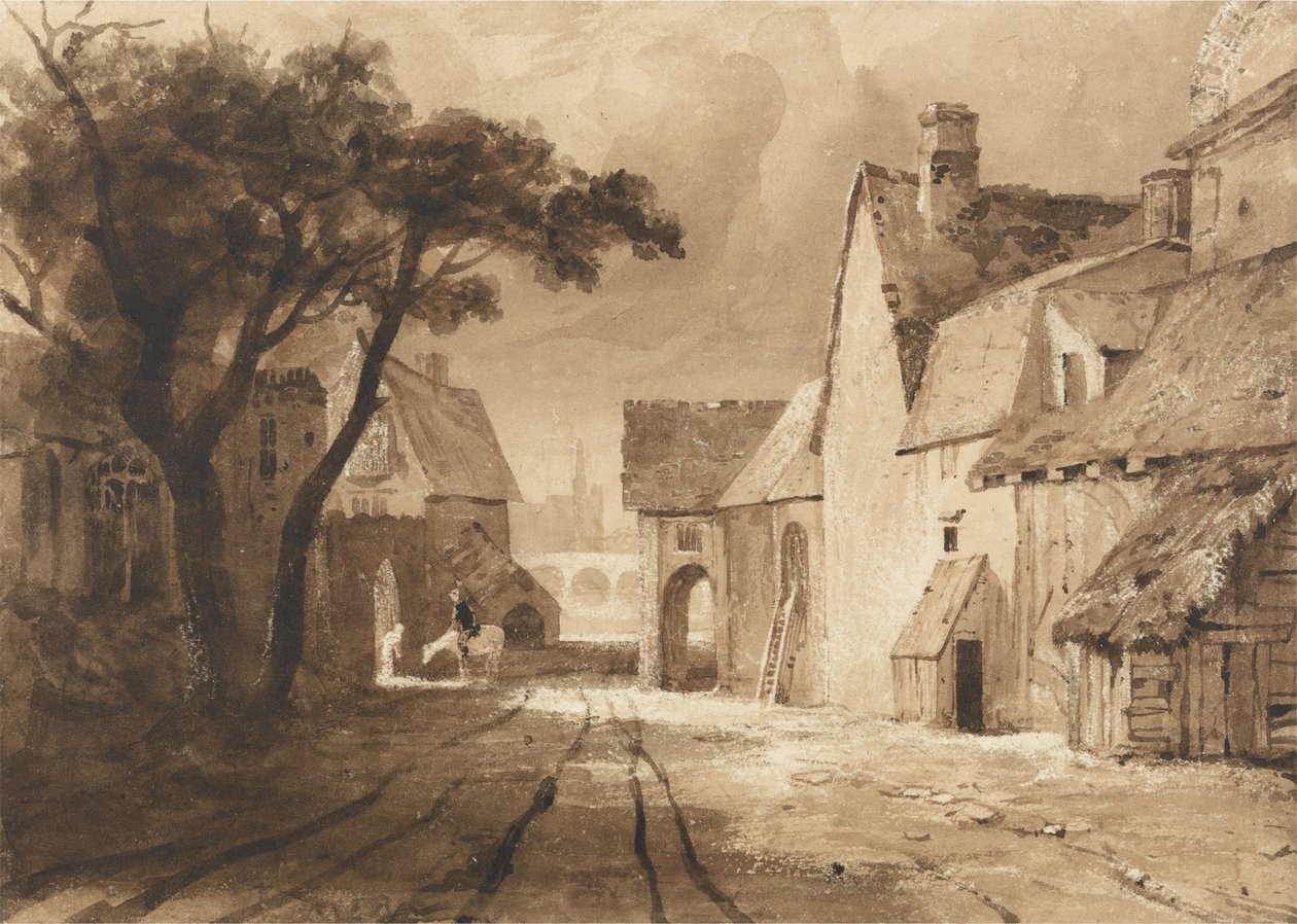 Studie av gamle bygninger (brunt blekk og vask over grafitt på papir) av Samuel Palmer