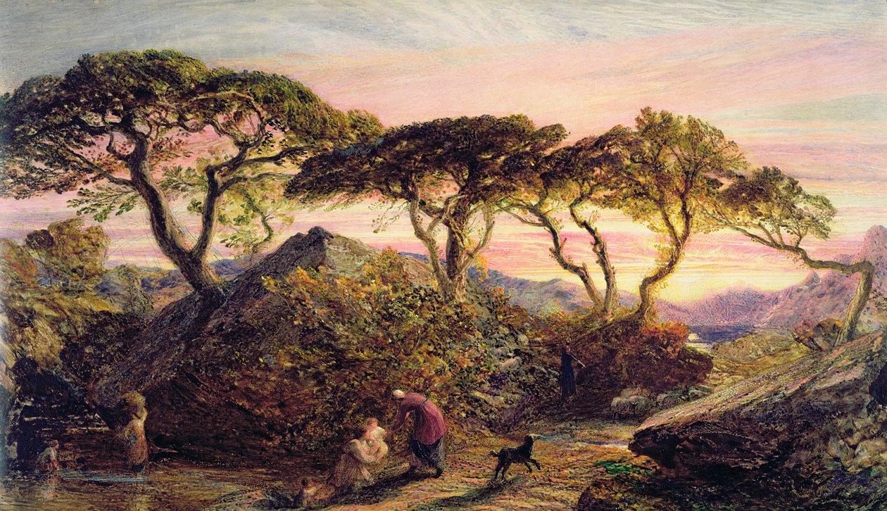 Solnedgang (akvarell og gouache på papir) av Samuel Palmer