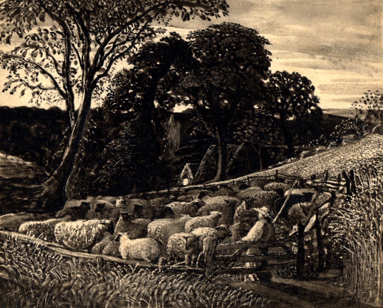 The Sheep Fold, ca. 1831-32 (Akvarell) av Samuel Palmer