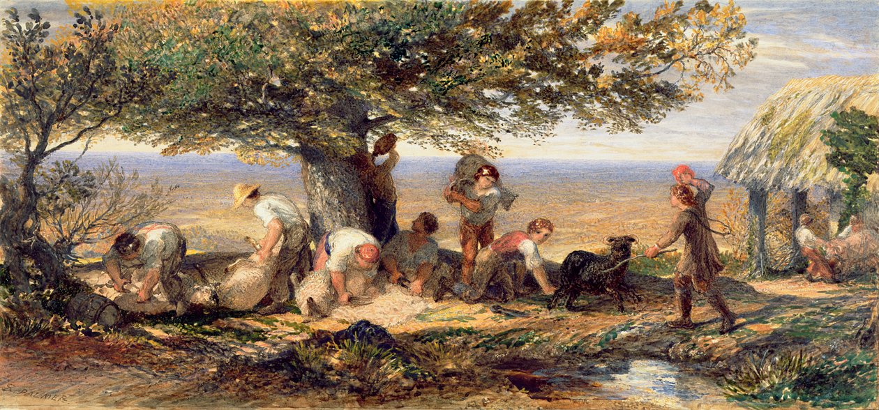 The Sheepshearers, ca. 1863 (akvarell og kroppsfarge over spor av blyant på papir) av Samuel Palmer