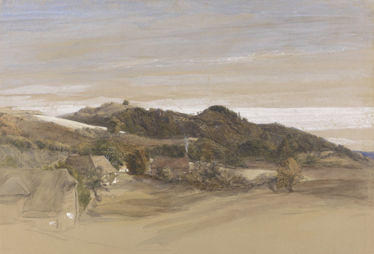 Underriver Hills, nær Sevenoaks, Kent, fra Grounds of J. Herries, Esq. ca. 1840 (penn og blekk med akvarell over grafitt på papir) av Samuel Palmer