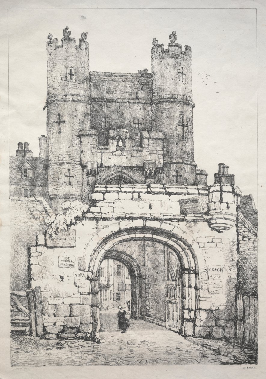 En serie med eldgamle bygninger og landlige hytter i Nord-England: Ved York, Medieval Gate av Samuel Prout
