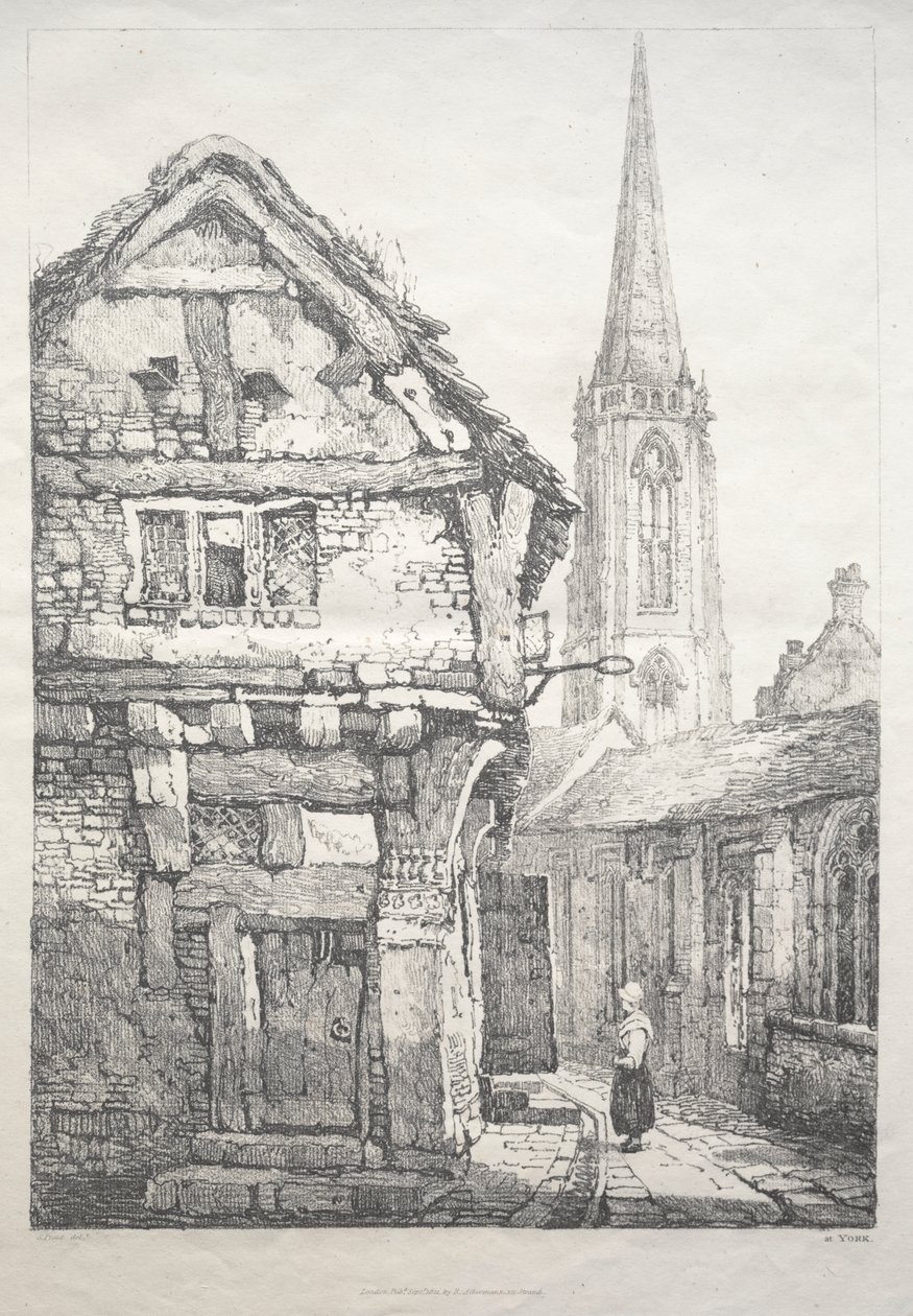 En serie med eldgamle bygninger og landlige hytter i Nord-England: I York, Street ved siden av Cloister Wall av Samuel Prout