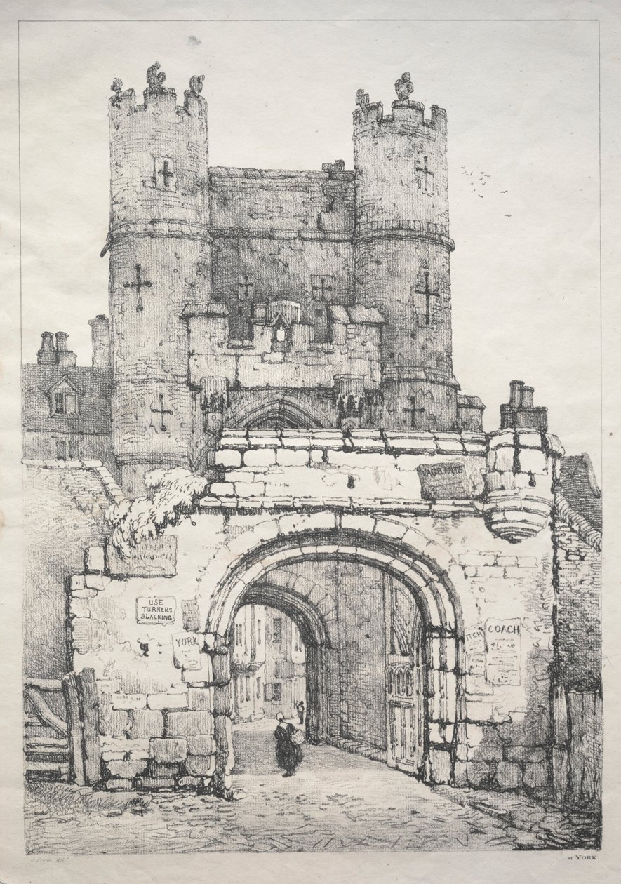 En serie med eldgamle bygninger og landlige hytter i Nord-England: At York, Medieval Gate, 18 av Samuel Prout