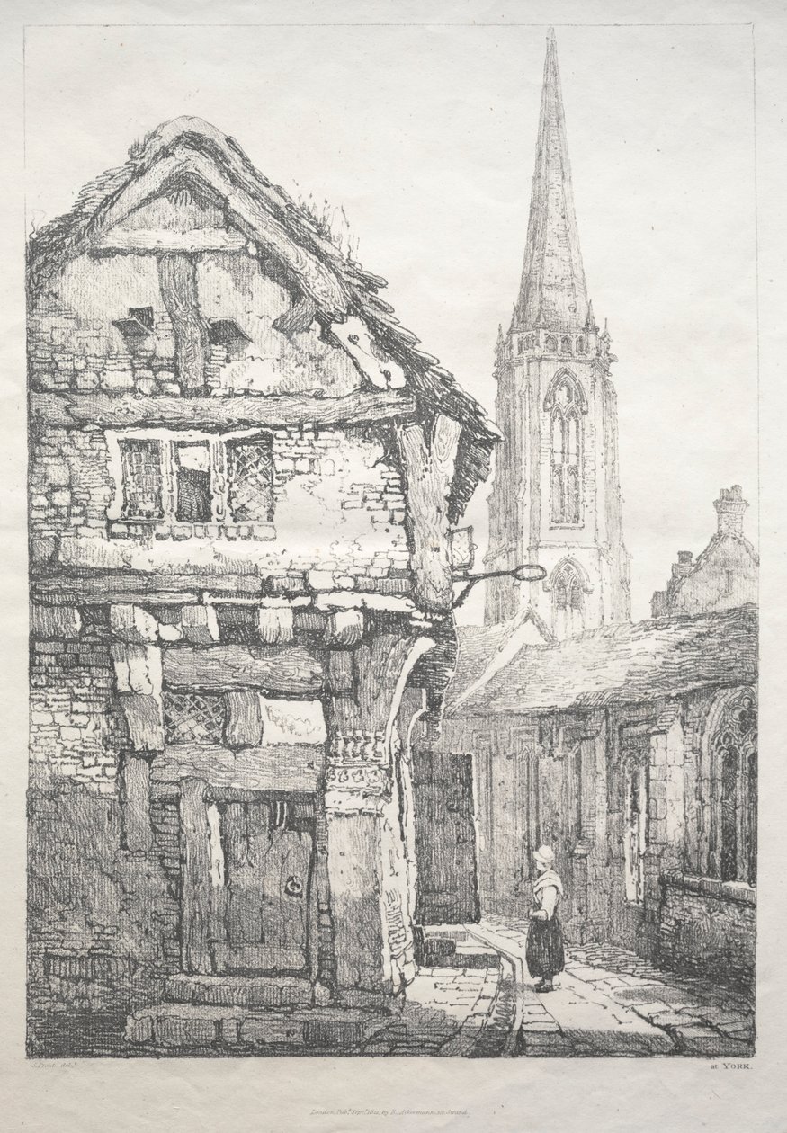 En serie med eldgamle bygninger og landlige hytter i Nord-England: At York, Street..., 1821. av Samuel Prout