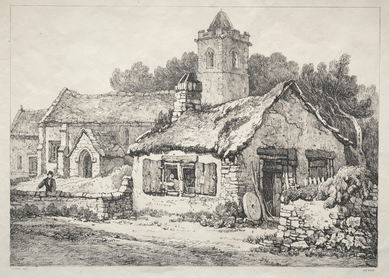 En serie med eldgamle bygninger og landlige hytter i Nord-England: Ayton av Samuel Prout