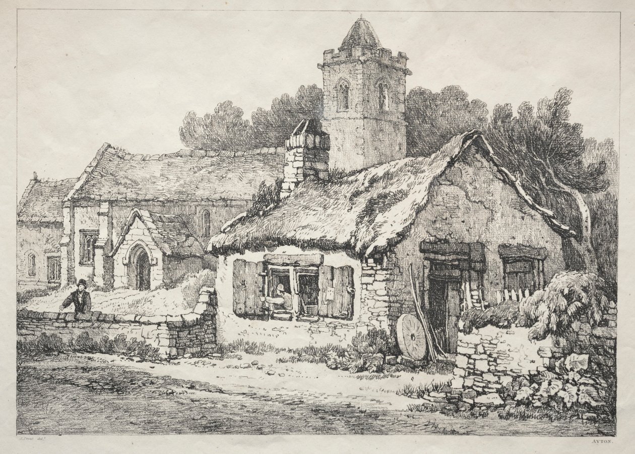 En serie med eldgamle bygninger og landlige hytter i Nord-England: Ayton, 1821. av Samuel Prout