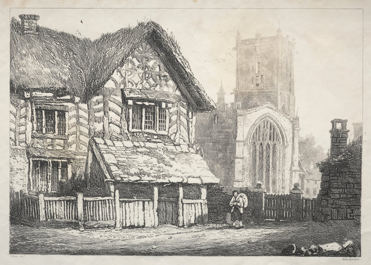 En serie med eldgamle bygninger og landlige hytter i Nord-England: Helmsley av Samuel Prout
