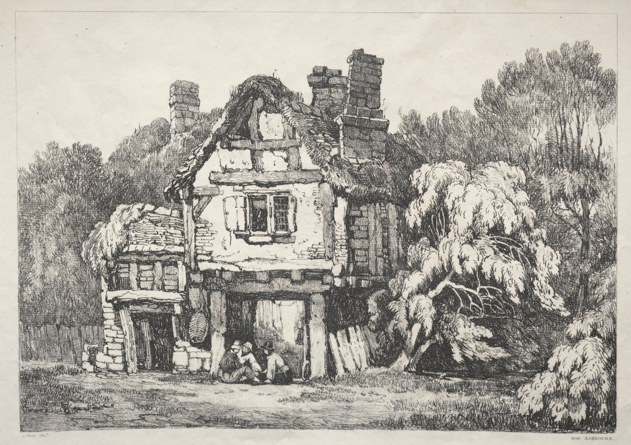 En serie med eldgamle bygninger og landlige hytter i Nord-England: Nær Ashbourne, 1821. av Samuel Prout
