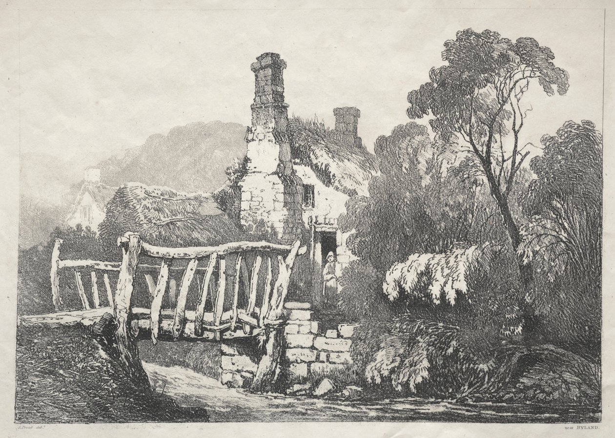 En serie med eldgamle bygninger og landlige hytter i Nord-England: Nær Byland, 1821. av Samuel Prout