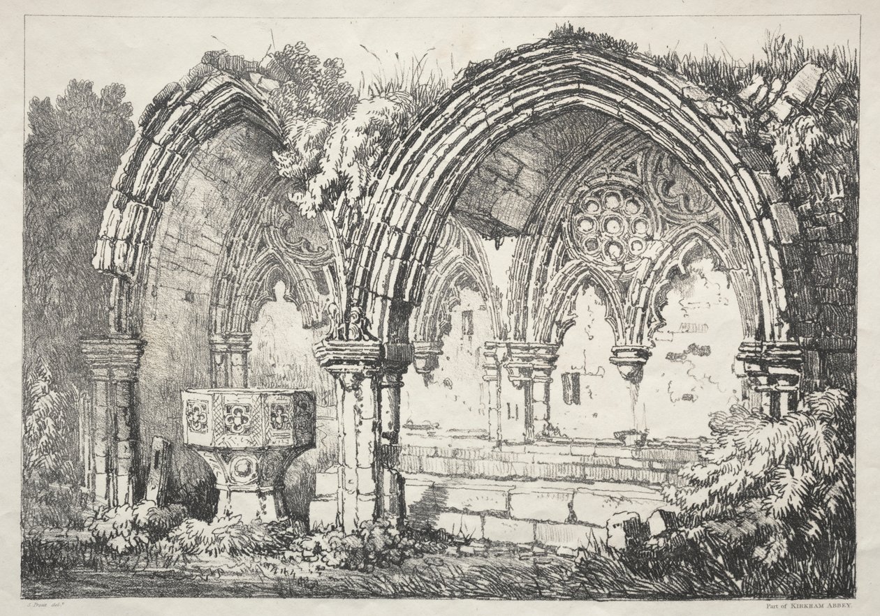 En serie med eldgamle bygninger og landlige hytter i Nord-England: En del av Kirkham Abbey av Samuel Prout