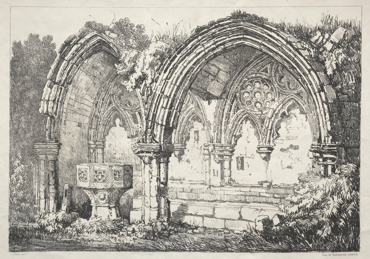 En serie med eldgamle bygninger og landlige hytter i Nord-England: En del av Kirkham Abbey, 182 av Samuel Prout