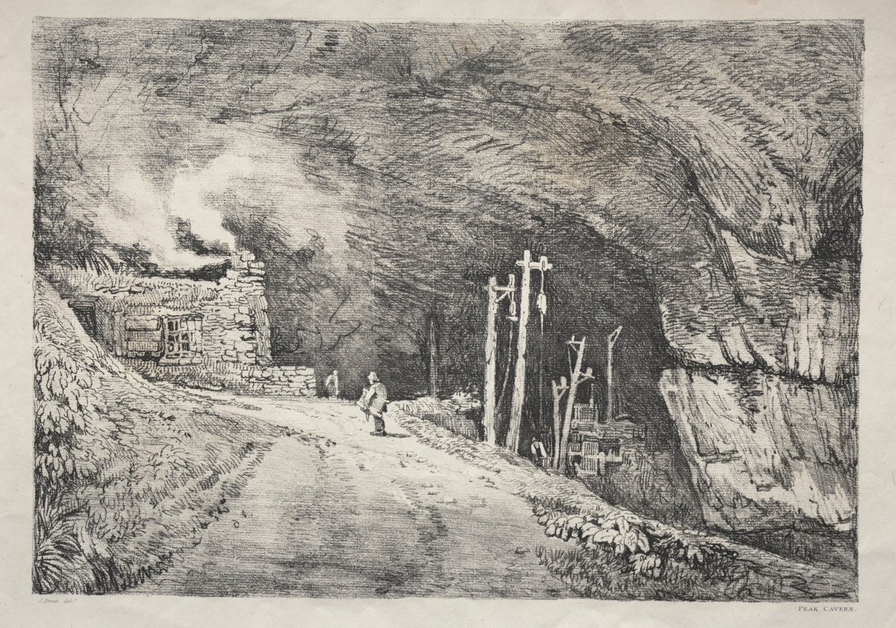 En serie med eldgamle bygninger og landlige hytter i Nord-England: Peak Cavern, 1821. av Samuel Prout