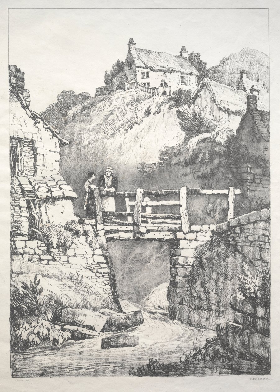 En serie med eldgamle bygninger og landlige hytter i Nord-England: Runswick av Samuel Prout