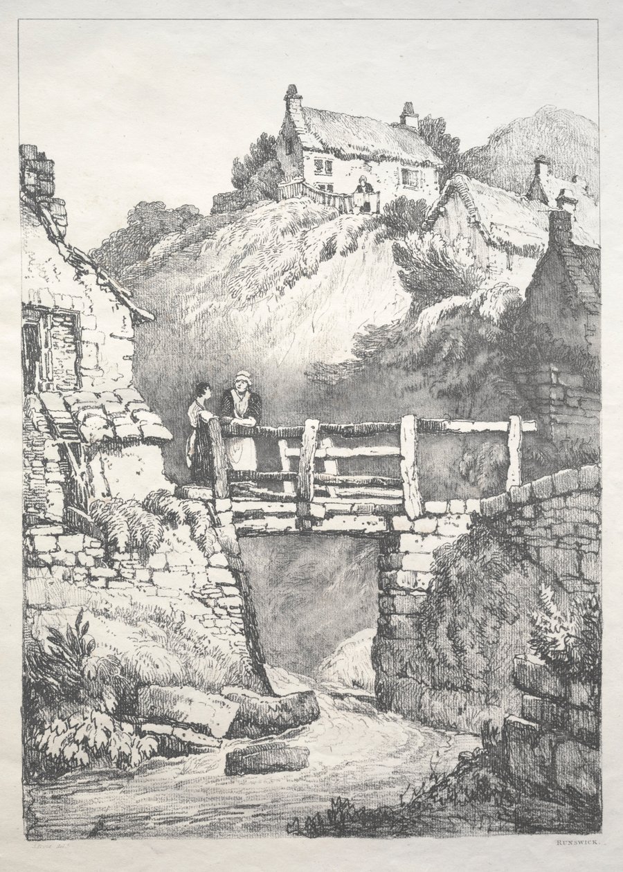 En serie med eldgamle bygninger og landlige hytter i Nord-England: Runswick, 1821. av Samuel Prout