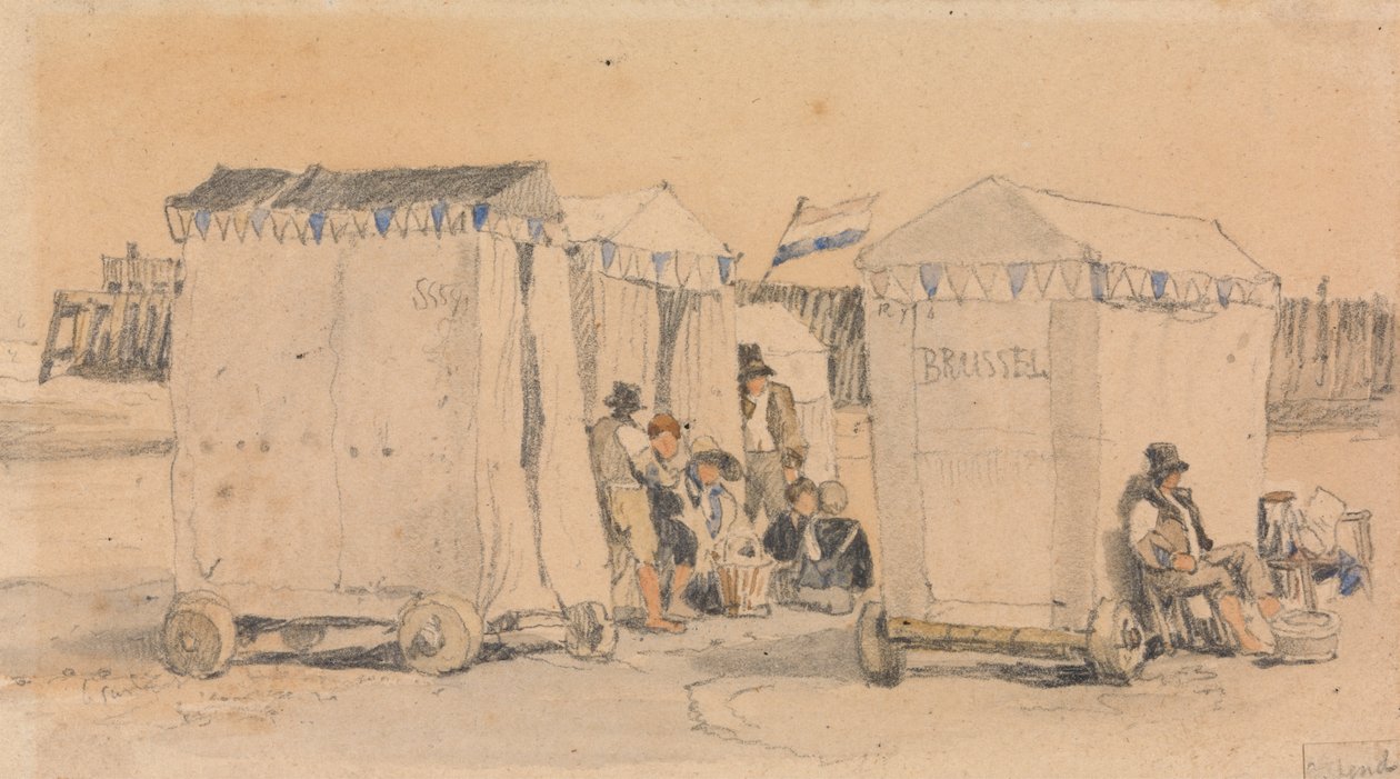 Badetelt på stranden, Oostende av Samuel Prout