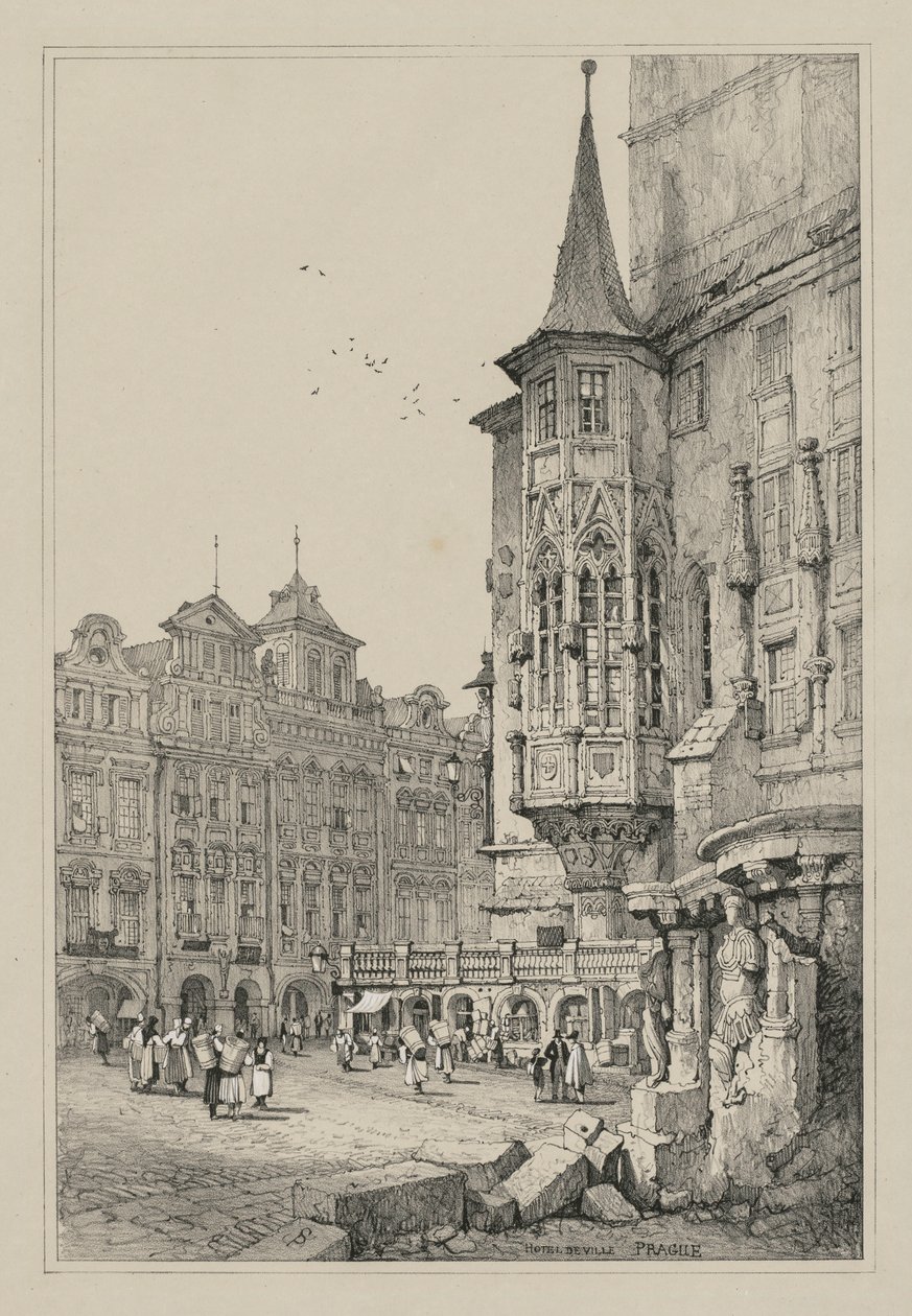 Fasimilies av skisser laget i Flandern og Tyskland: Hotel de Ville, Praha, 1833. av Samuel Prout