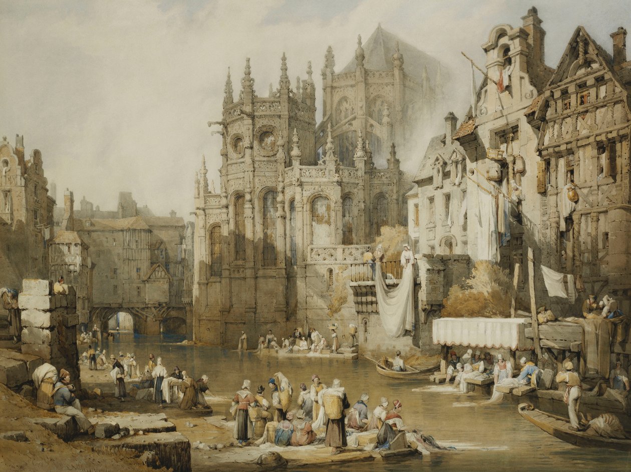 Figurer på elvebredden ved St. Etienne, Caen, av Samuel Prout