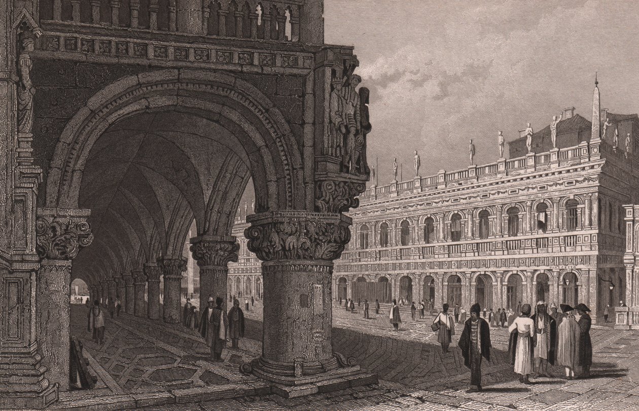 Forkorting av arkaden til Doges palass (Palazzo Ducale) med utsikt over Markusplassen og bibliotekpalasset, Venezia, Veneto, Italia, stålgravering etter tegning av Samuel Prout (1783-1852), ca. 15x11,5 cm av Samuel Prout