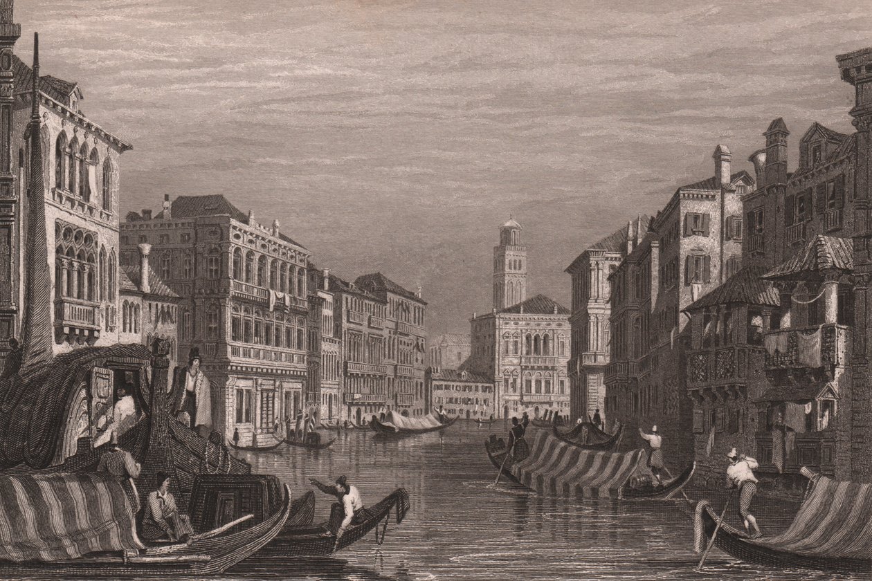 Gondoler på Canal Grande (Canal Grande), Venezia, Veneto, Italia, stålgravering etter tegning av Samuel Prout (1783-1852), ca. 15x11,5 cm av Samuel Prout