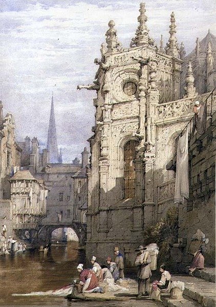 Scene med vaskekoner (akvarell og gouache på papir) av Samuel Prout