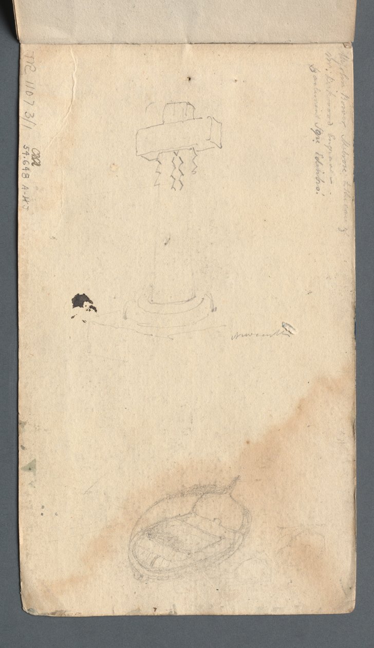 Skissebok: Studie av kors og robåt på bakside, 1814. av Samuel Prout