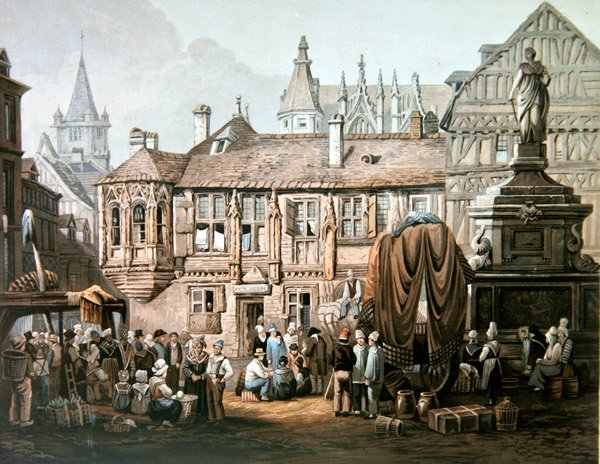 Hotel de Bourgtheroulde, Place de la Pucelle, Rouen, ca. 1825 (fargegravering) av Samuel Prout