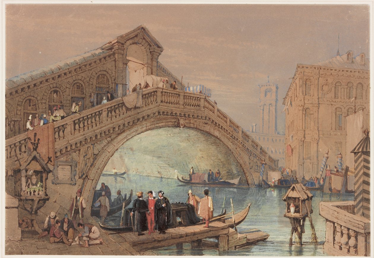 Rialto, Venezia (bc, blekk og wc på papir) av Samuel Prout