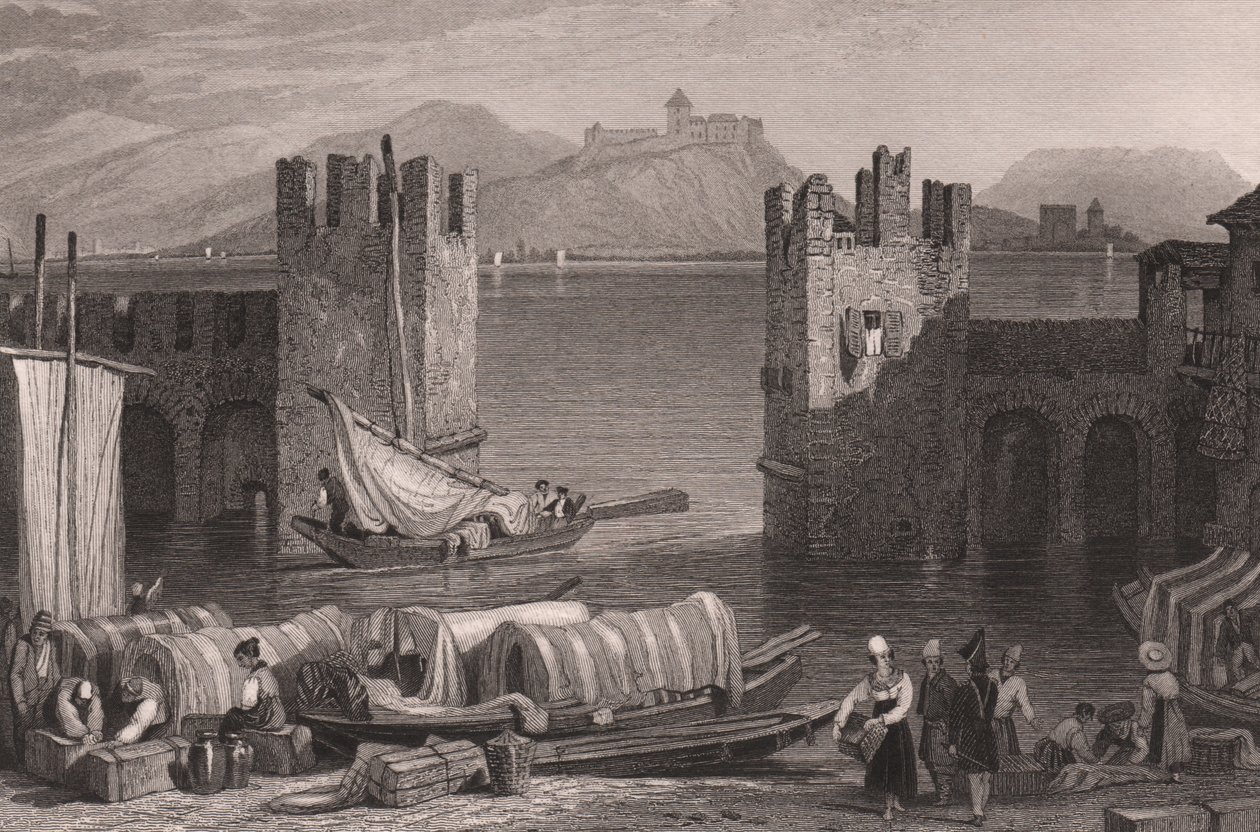 Utsikt over Angera-slottet i Arona, Lago Maggiore, Piemonte, Italia, stålgravering fra tegning av Samuel Prout (1783-1852), ca 16x11 cm av Samuel Prout