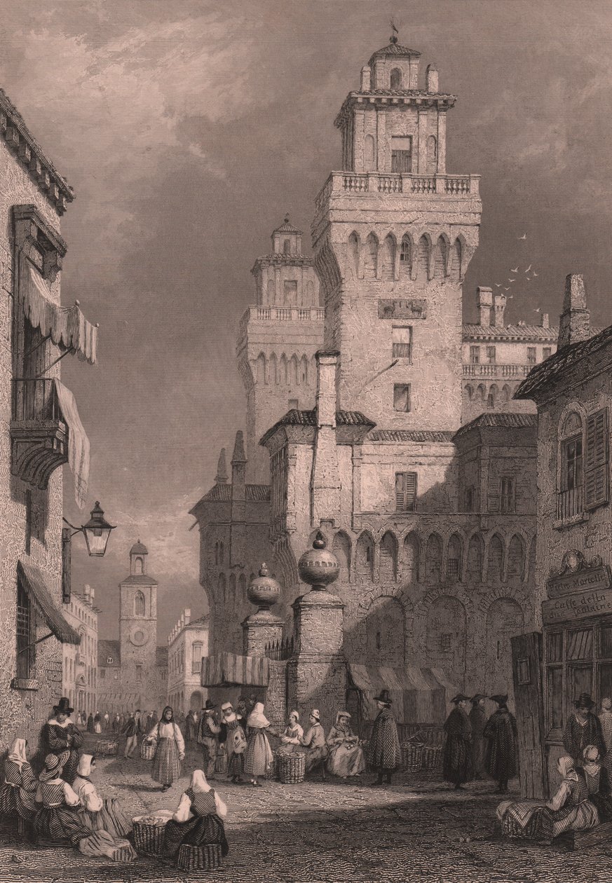 Utsikt over Castello Estense, Ferrara, Emilia-Romagna, Italia, stålstikk av John Godfrey (ca. 1817–1889) etter tegning av Samuel Prout (1783–1852), ca. 26 x 17 cm, utgitt av Blackie and Son av Samuel Prout