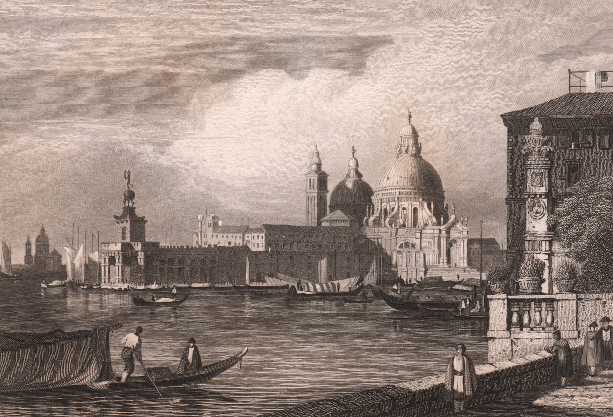 Utsikt over Canal Grande (Canal Grande) med Punta della Dogana og Basilica di Santa Maria della Salute i bakgrunnen, Venezia, Veneto, Italia, stålgravering etter tegning av Samuel Prout (1783-1852), ca 15x11,5 cm av Samuel Prout