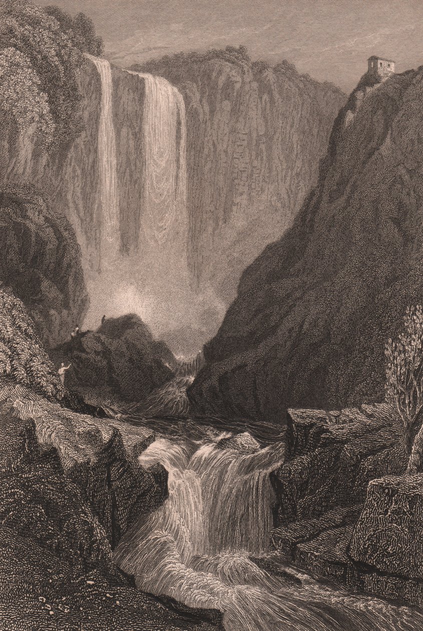Utsikt over Marmores Falls (Cascata delle Marmore) nær Terni, Umbria, Italia, stålgravering etter tegning av Samuel Prout (1783-1852), ca. 15x11,5 cm av Samuel Prout