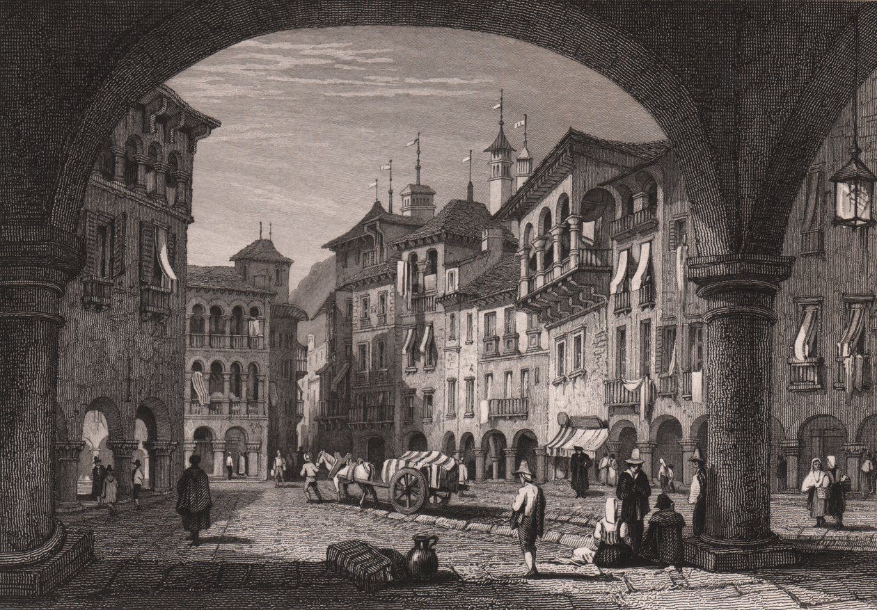 Utsikt over markedsplassen i Domodossola, Piemonte, Italia, stålgravering fra en tegning av Samuel Prout (1783-1852), ca 16x11 cm av Samuel Prout